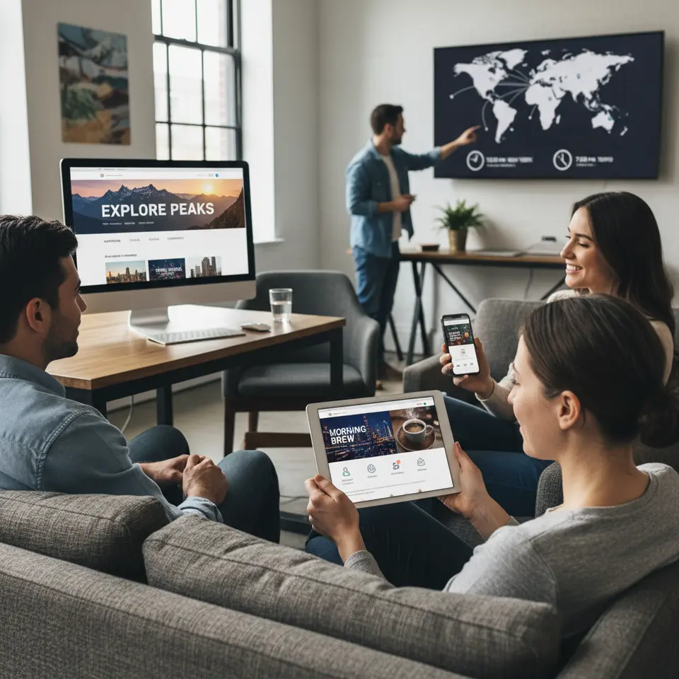 Dynamic visualization of an adaptive website theme in action: a series of screens (desktop, tablet, mobile) showing real-time swaps of hero images, typography scales, and navigation links based on user context (device type, location, time of day).