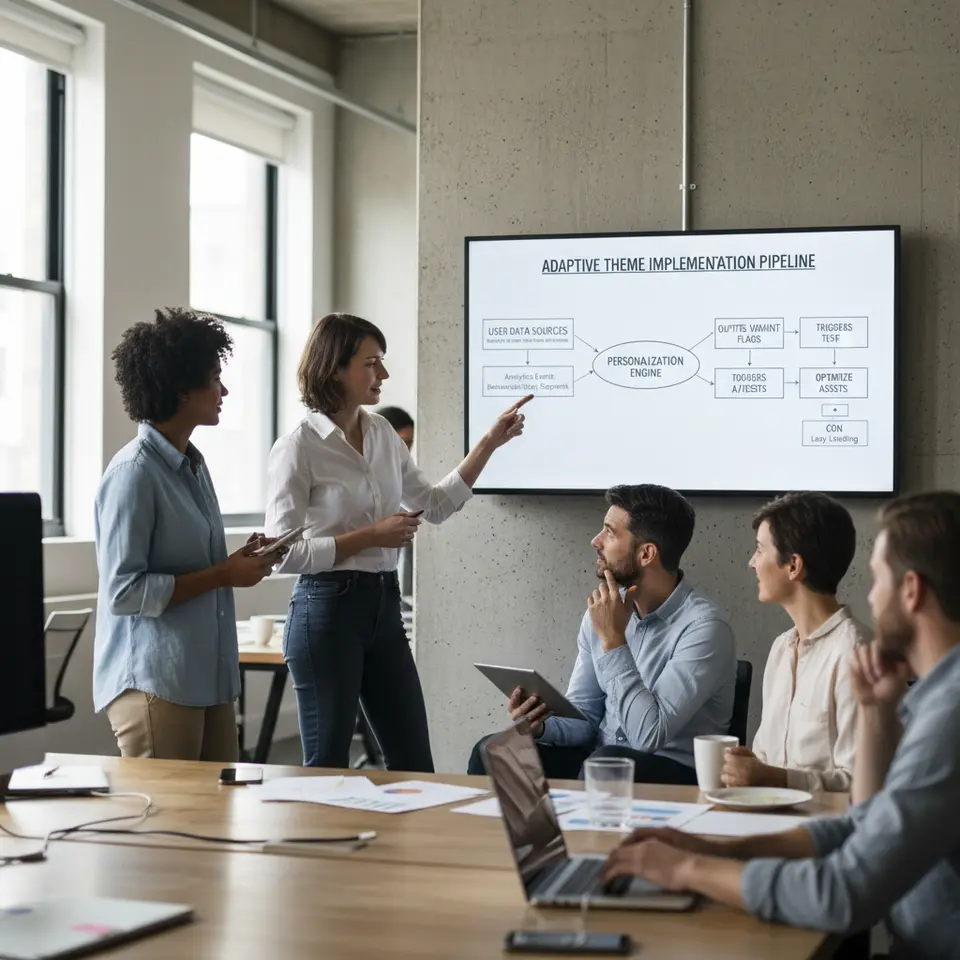 Workflow diagram of the adaptive theme implementation pipeline: user data sources (analytics events, behavioral signals, user segments) flowing into a personalization engine that outputs variant flags, triggers A/B tests, and routes optimized assets via CDN and lazy-loading.