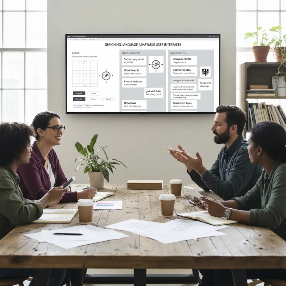 Designing Language-Adaptable User Interfaces: a mockup of a responsive website layout that dynamically adjusts to English, Arabic, and German—showing fluid grids expanding for long text, flipped RTL elements, examples of Noto Sans and Cyrillic script, SVG icons swapping locale-specific imagery, and a prominent language switcher with accessible ARIA labels.