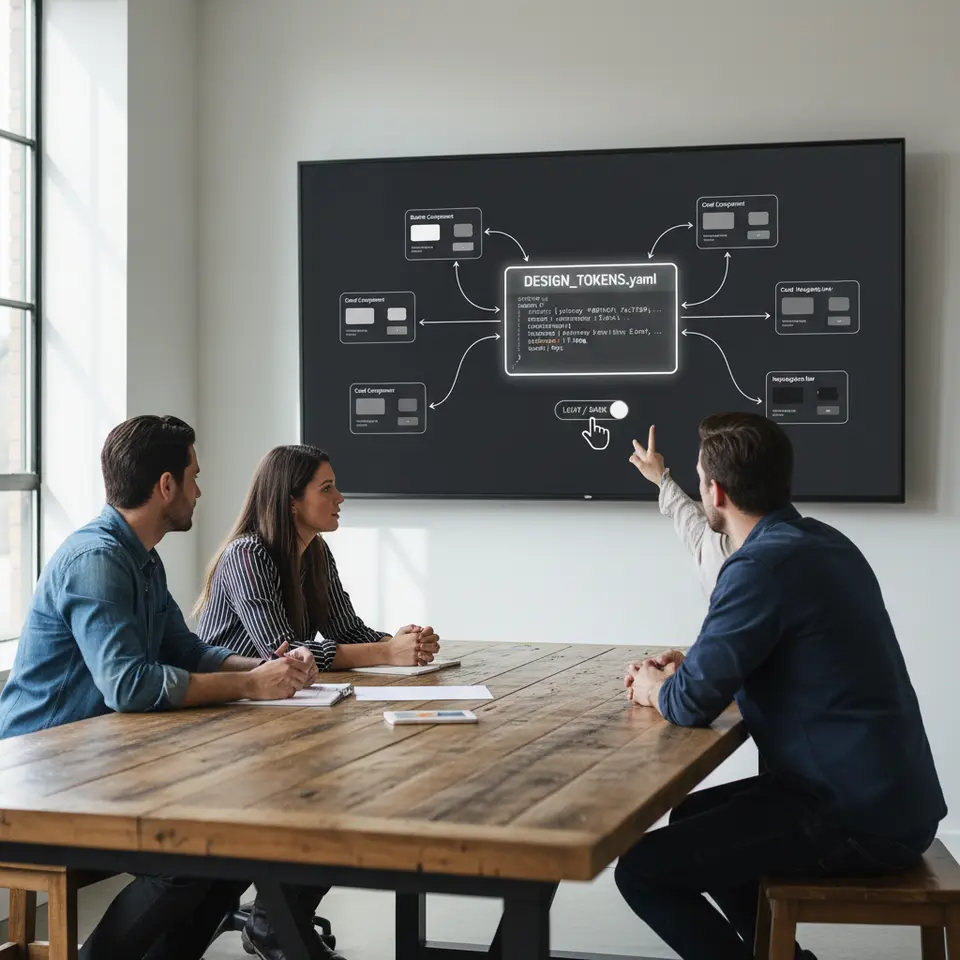 Component-based architecture with centralized design tokens: a stylized diagram showing a JSON or YAML token file (color swatches, typography scales, spacing units) at the center, arrows feeding multiple isolated UI component modules (buttons, cards, nav bars), and a light/dark theme toggle that swaps the token file to restyle all components automatically.