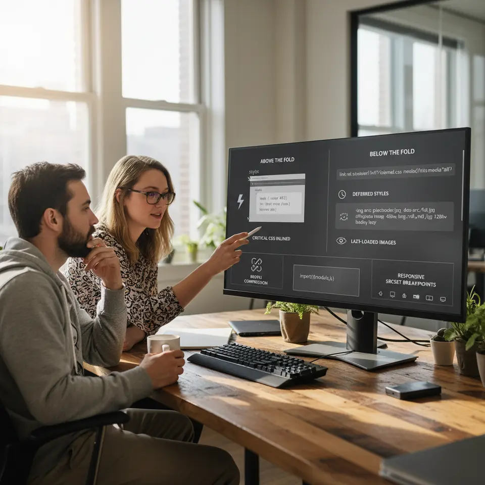 Performance optimization workflow: a split-screen infographic illustrating critical CSS inlined into the HTML head for above-the-fold rendering, deferred loading of the remaining stylesheet, and lazy-loaded images offscreen—complete with code snippets or visual cues for code-splitting, Brotli compression, and responsive image srcset breakpoints.