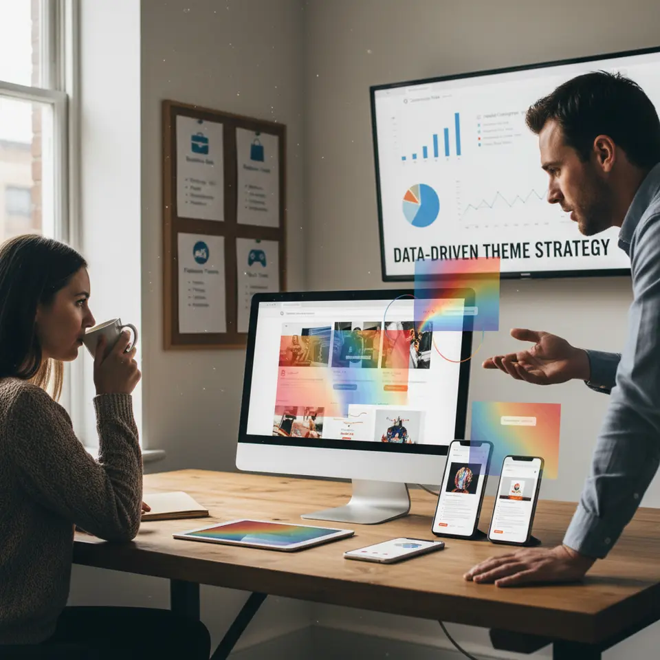A multi-device e-commerce research dashboard: show desktop and mobile mockups overlaid with colorful heatmap gradients highlighting click and scroll hotspots, alongside stylized customer persona cards (demographic icons, motivations) and analytics charts to represent data-driven theme strategy.