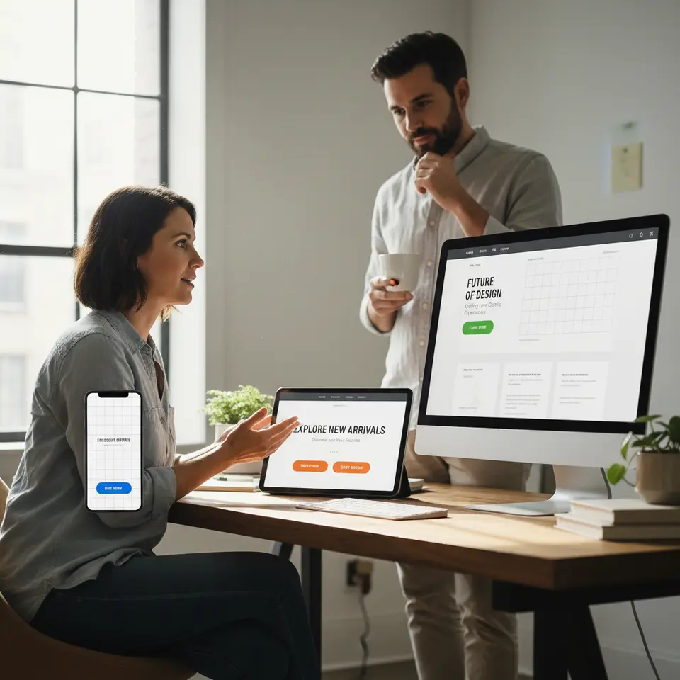 A responsive layout illustration: depict a wireframe grid spanning smartphone, tablet, and desktop screens with generous whitespace zones, accent-colored call-to-action buttons, bold headings and subheadings indicating visual hierarchy, sticky navigation bar, and subtle separators (lines/shadows) to guide user flow.