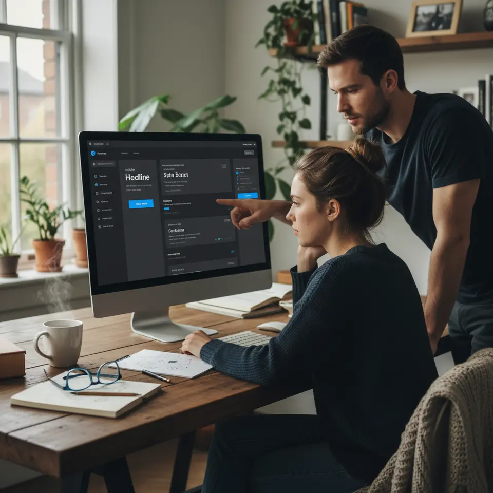 Designing a cohesive dark mode color palette: an illustration showing deep gray base layers (#121212, #1E1E1E) for backgrounds and surfaces, near-white (#E0E0E0) primary text with muted gray (#B0B0B0) secondary text, and vibrant accent colors (electric blue or teal) applied to buttons, links, icons, cards, and navigation bars to convey hierarchy and brand identity.
