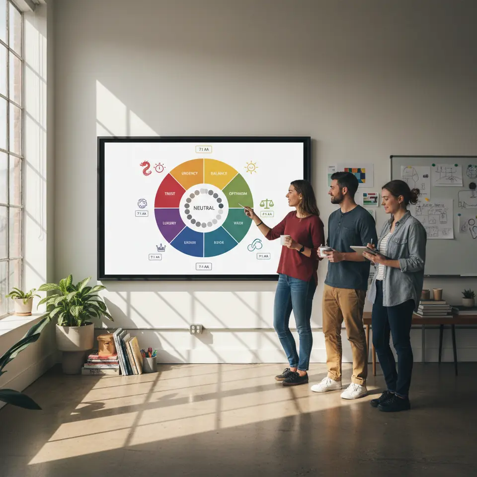 An infographic-style color wheel displaying emotional associations: red for urgency, blue for trust, green for balance, yellow for optimism, purple for luxury, and neutral grays—annotated with WCAG contrast ratio markers and cultural nuance icons