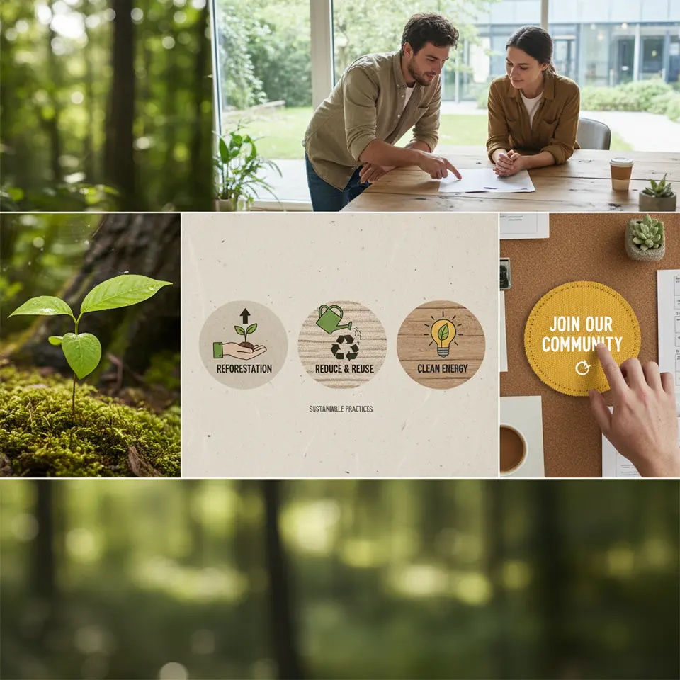 A sequential mood board storyboard: a lush green forest sapling hero image (growth), mid-section illustrated infographics on sustainable practices, recurring circular motifs woven throughout, and a vibrant yellow call-to-action button inviting community engagement