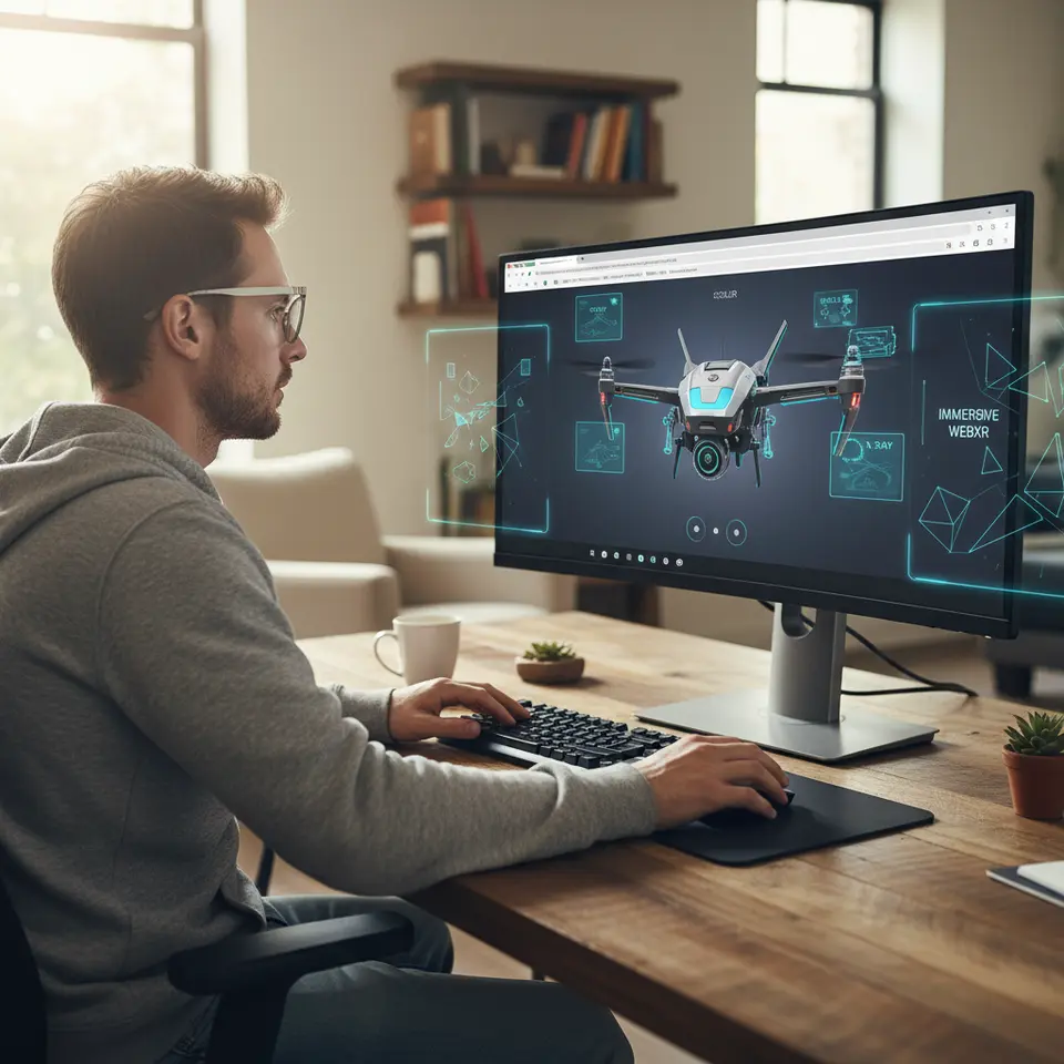 Augmented Reality and Virtual Reality: A web page viewport displaying an interactive 3D product model with floating UI controls, a user wearing lightweight AR glasses, and semi-transparent overlays hinting at immersive WebXR features in the browser.