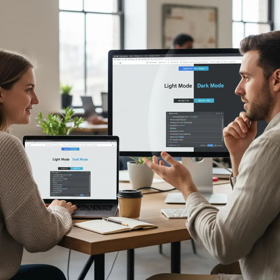 Dark Mode and System-Level Preferences: A split-screen mockup of the same website in light and dark themes, showing smooth transitions, CSS custom property tokens (background-color, text-color, accent-color), and clear contrast ratios to emphasize accessibility.